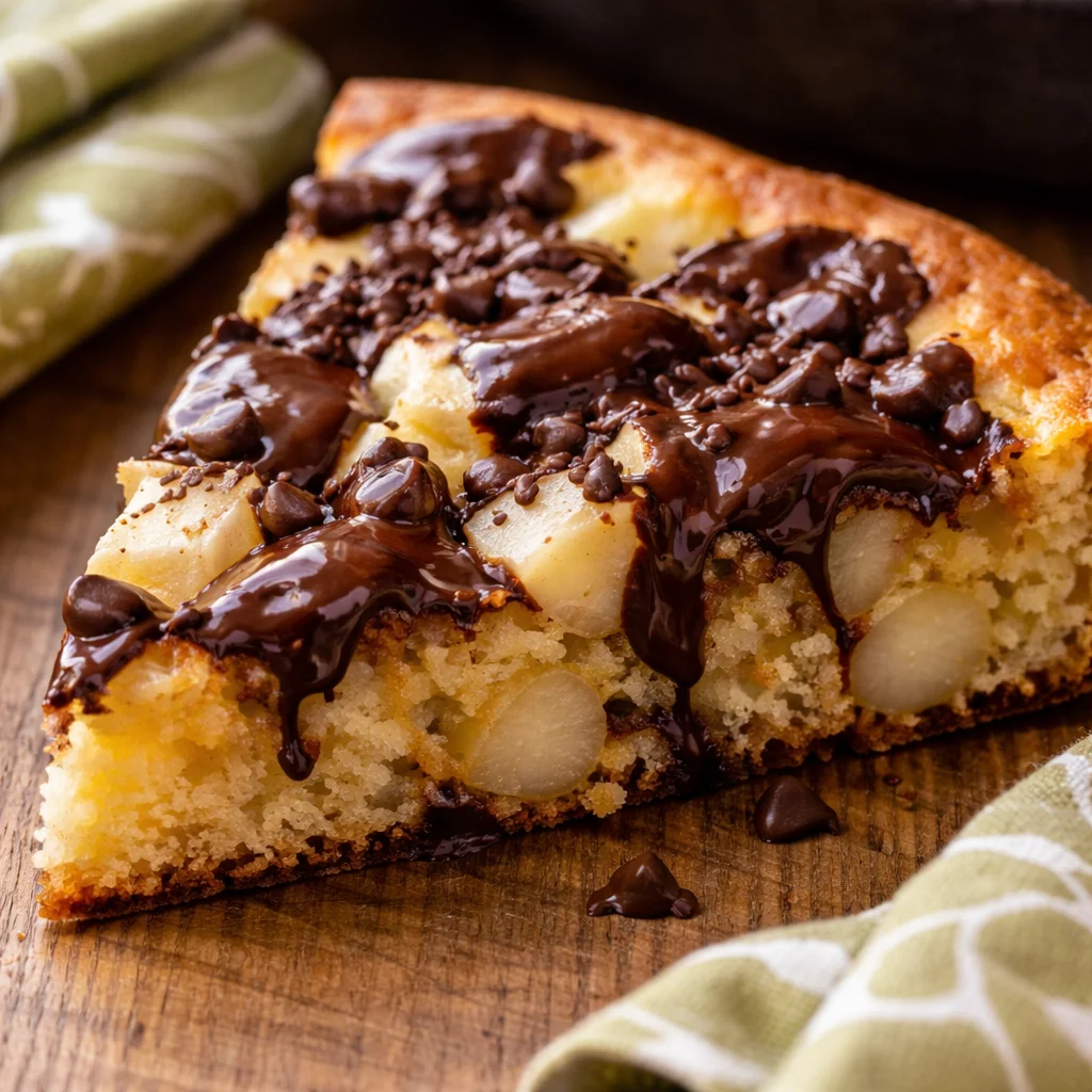 Flourless Pear Almond Skillet Cake served with powdered sugar and fresh pears.