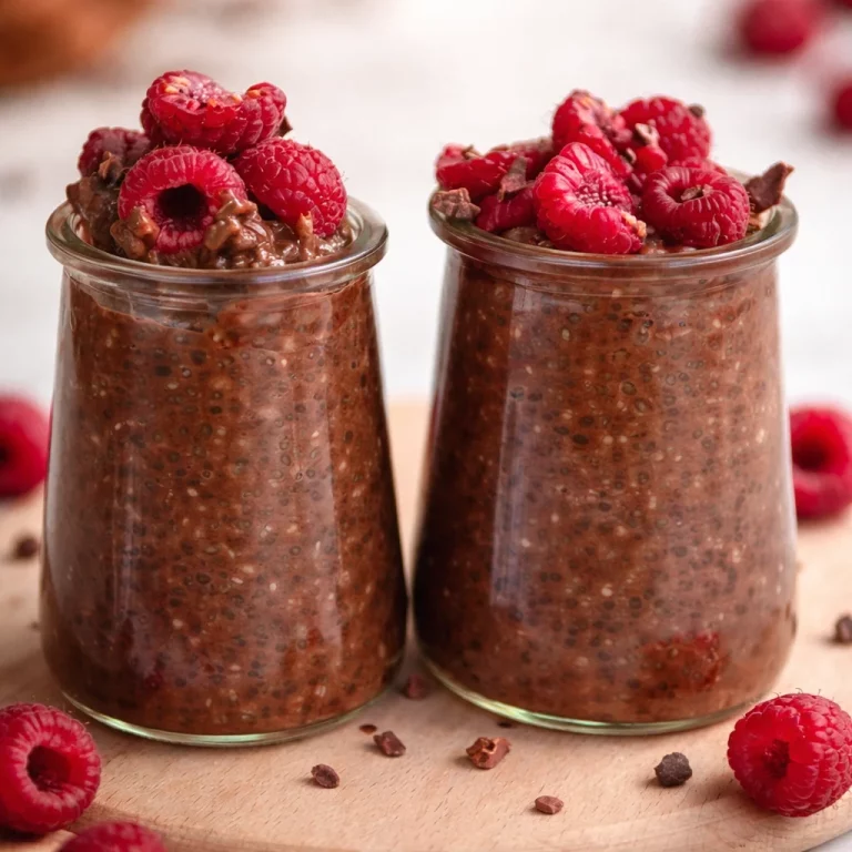 Delicious No-Bake Chocolate Chia Pudding for Two in a glass bowl.