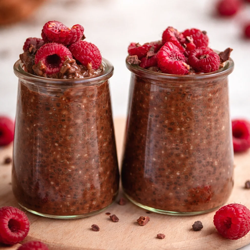 Delicious No-Bake Chocolate Chia Pudding for Two in a glass bowl.