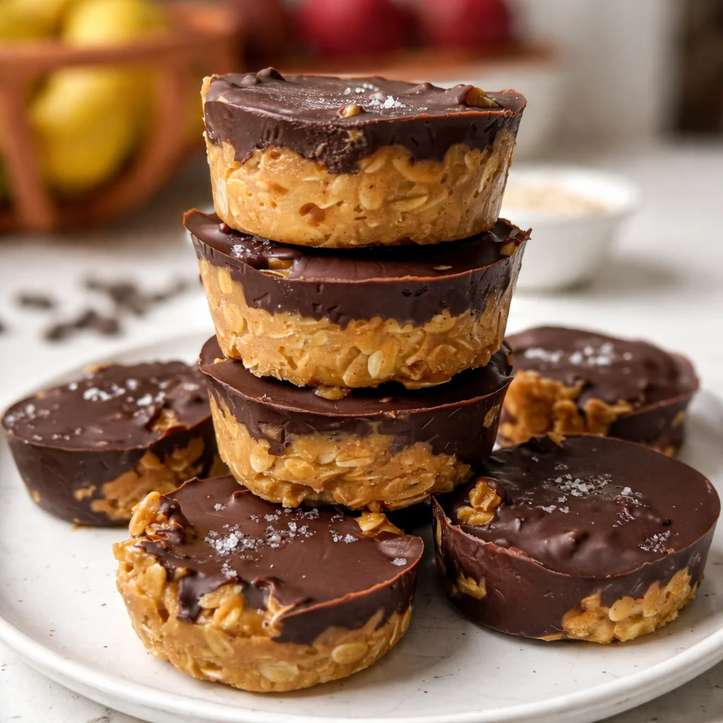 No-Bake Chocolate Peanut Butter Oat Cups with quick oats and chocolate drizzle