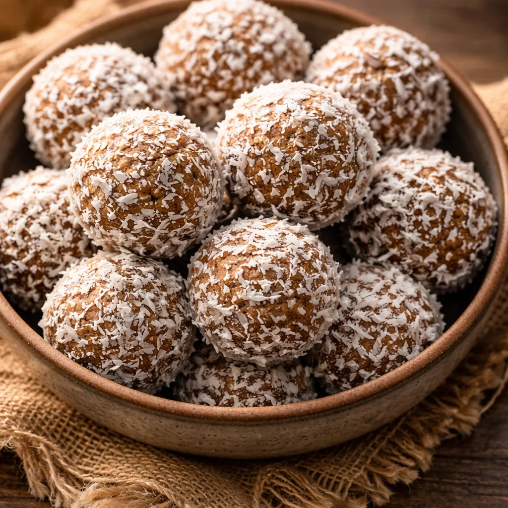No-Bake Coconut Date Energy Bites made with medjool dates and coconut flakes