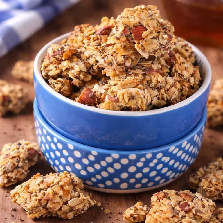 Delicious No-Bake Honey Almond Granola Clusters ready to be enjoyed as a snack.