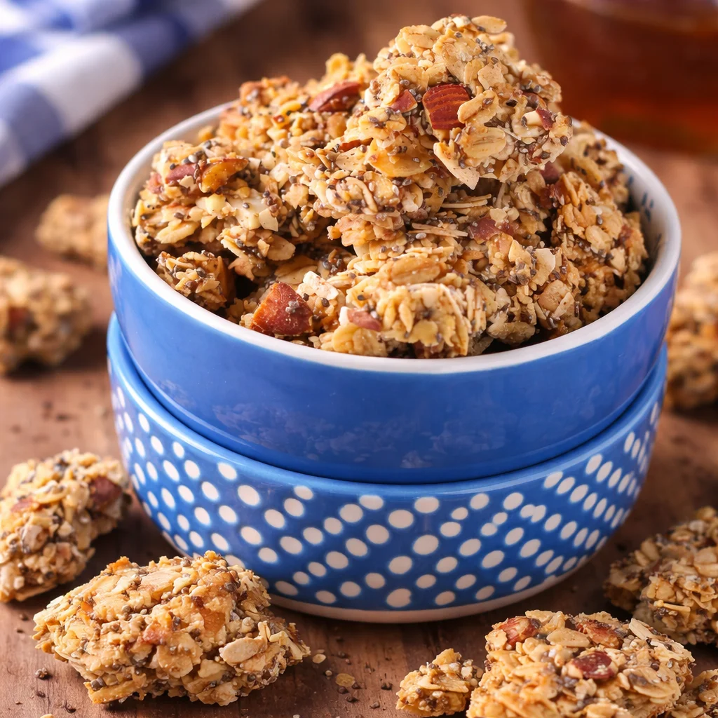 Delicious No-Bake Honey Almond Granola Clusters ready to be enjoyed as a snack.