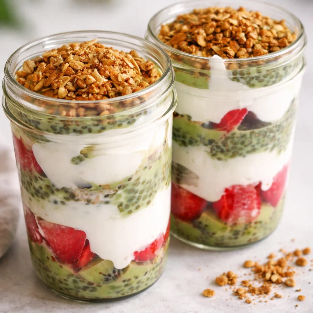 No-Bake Matcha Yogurt Parfaits served in glasses with layers of yogurt and matcha.