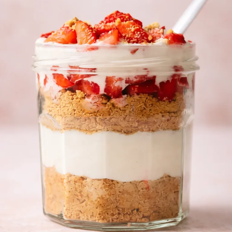 No-Bake Vanilla Protein Cheesecake Jars with layers of creamy cheesecake and fresh toppings.