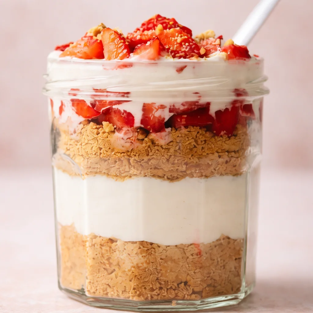 No-Bake Vanilla Protein Cheesecake Jars with layers of creamy cheesecake and fresh toppings.