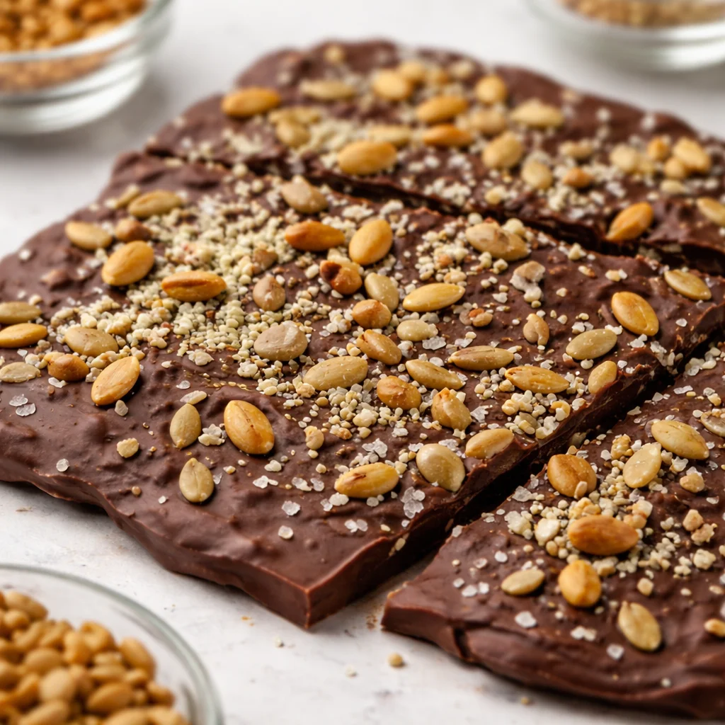 No-Sugar Dark Chocolate Seed Bark with seeds and healthy ingredients.