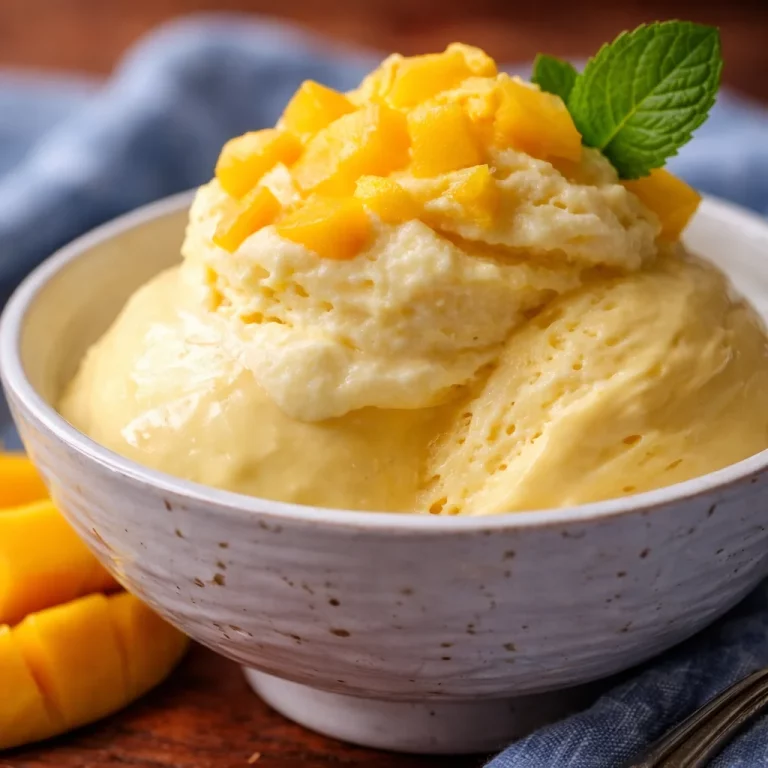 Delicious Small-Batch Coconut Mango Nice Cream in a coconut bowl topped with fresh fruit.
