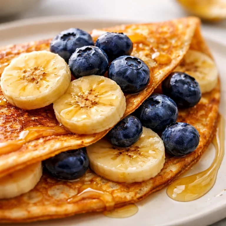 Small-Batch Protein Banana Crepes served with fresh fruit and syrup.