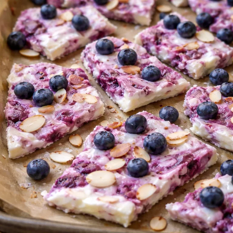 Healthy Frozen Blueberry Almond Yogurt Bark topped with fresh blueberries and almonds.