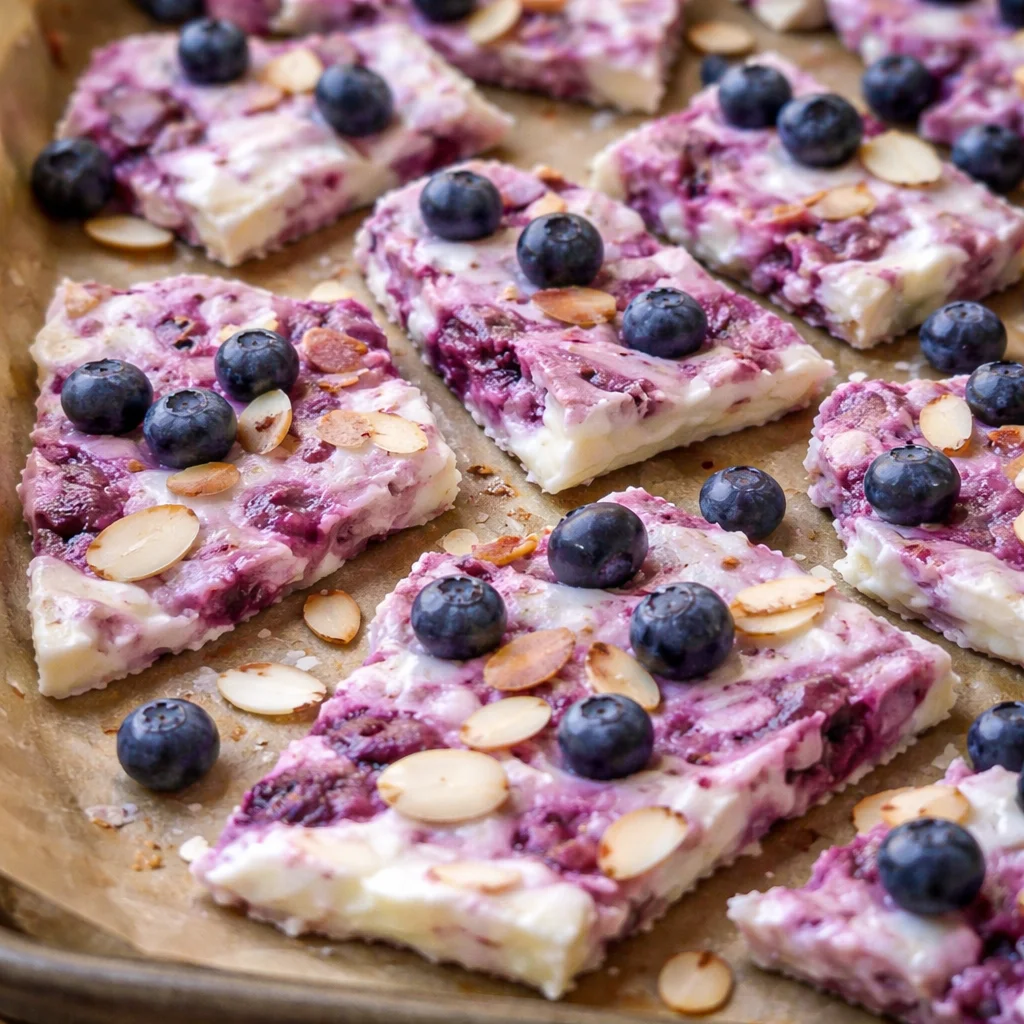 Healthy Frozen Blueberry Almond Yogurt Bark topped with fresh blueberries and almonds.