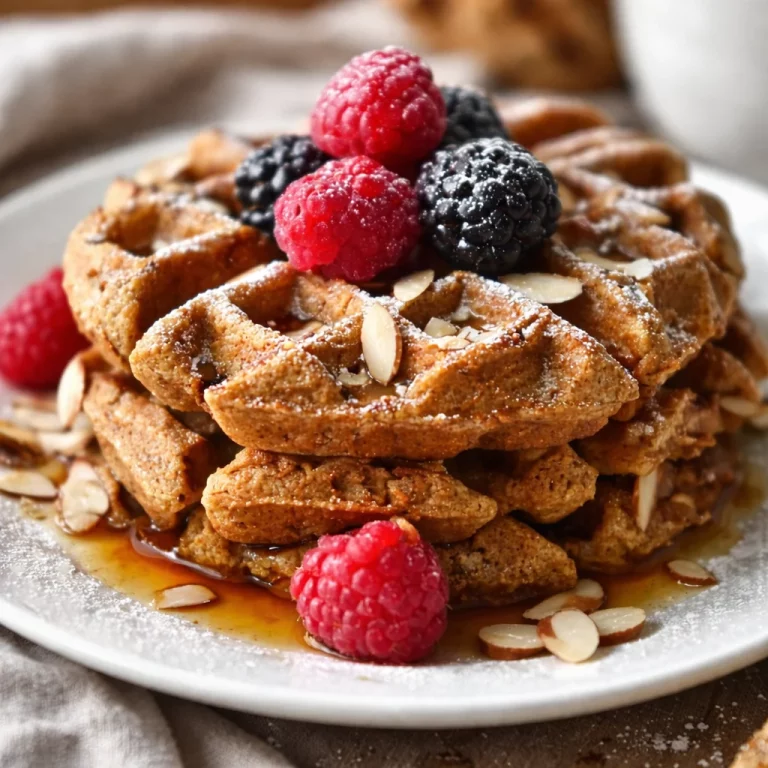 Flourless Almond Butter Waffles topped with fresh fruit and maple syrup.