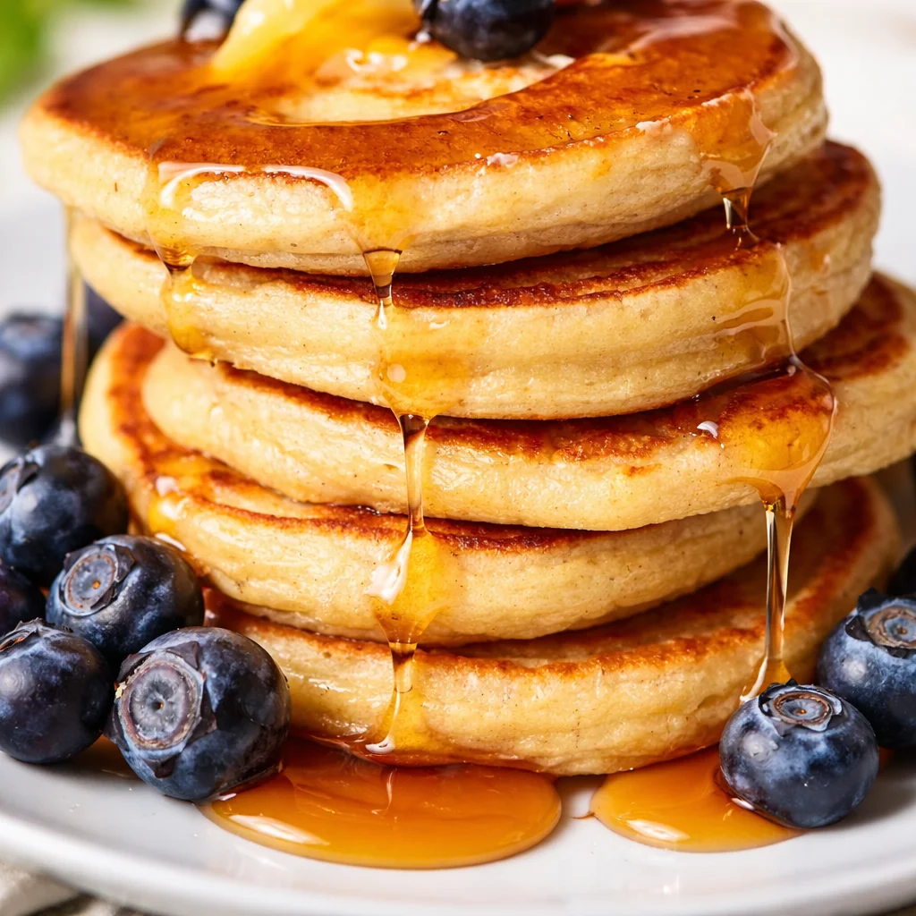 Flourless Cottage Cheese Pancakes stacked on a plate with syrup and berries