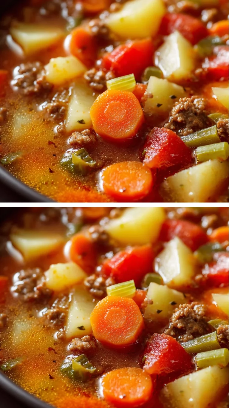 A bowl of hearty hamburger vegetable soup filled with vegetables and tender beef