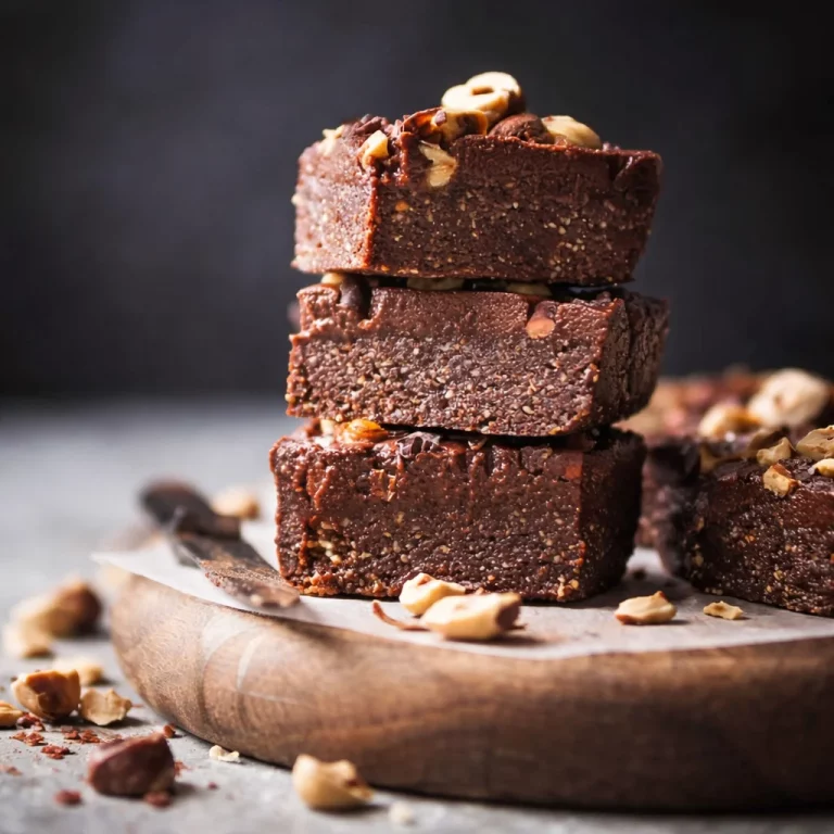 Fudgy Flourless Hazelnut Brownie Bars drizzled with maple syrup and topped with nuts.