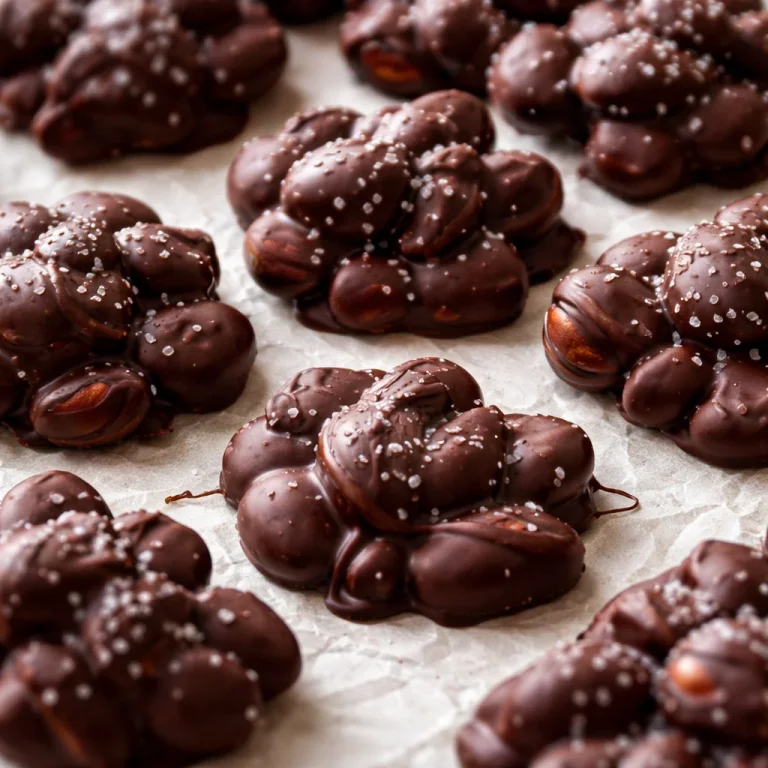 No-Bake Dark Chocolate Almond Clusters with sea salt and crunchy almonds.