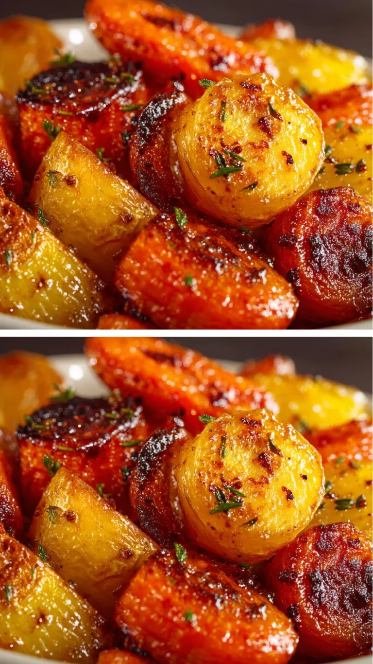Maple roasted carrots and potatoes dish served on a plate.