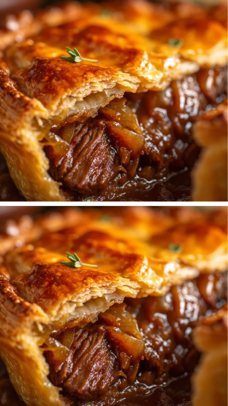 Savory beef and onion pie served on a rustic plate.