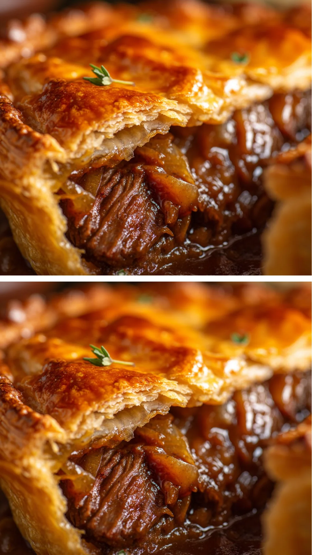 Savory beef and onion pie served on a rustic plate.