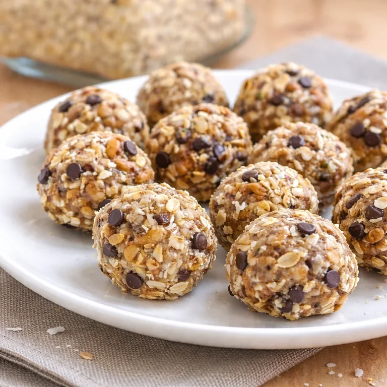 No-Bake Almond Joy Energy Balls made with oats, almond butter, coconut, and chocolate chips.