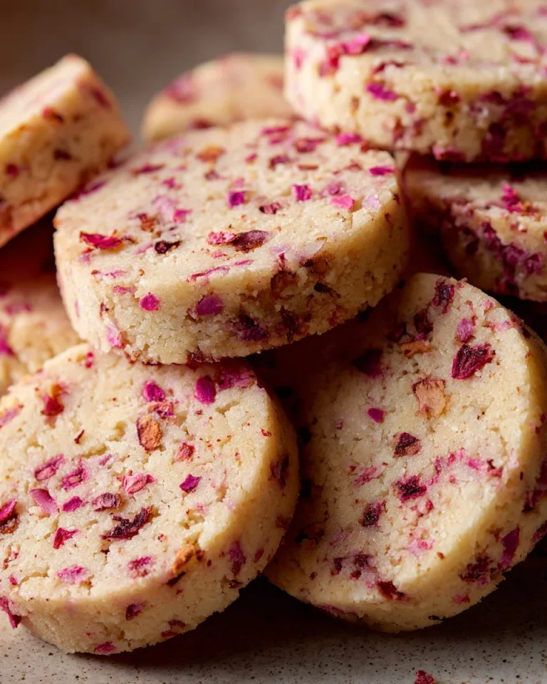 Almond raspberry shortbread cookies arranged on a plate with fresh raspberries.