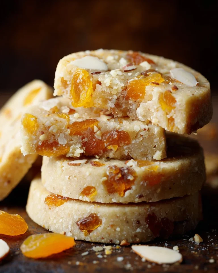 Apricot almond shortbread cookies on a plate, topped with sliced almonds.