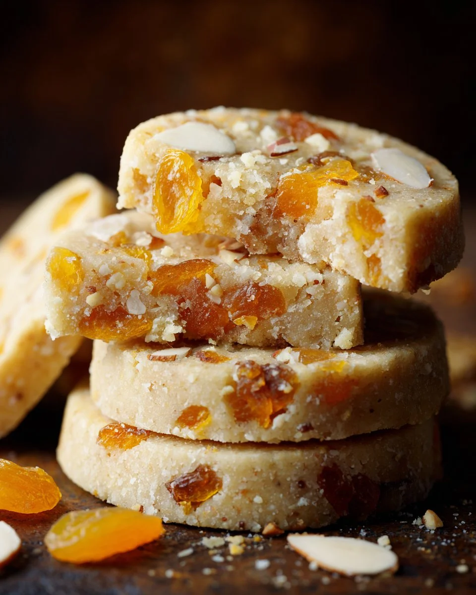 Apricot almond shortbread cookies on a plate, topped with sliced almonds.