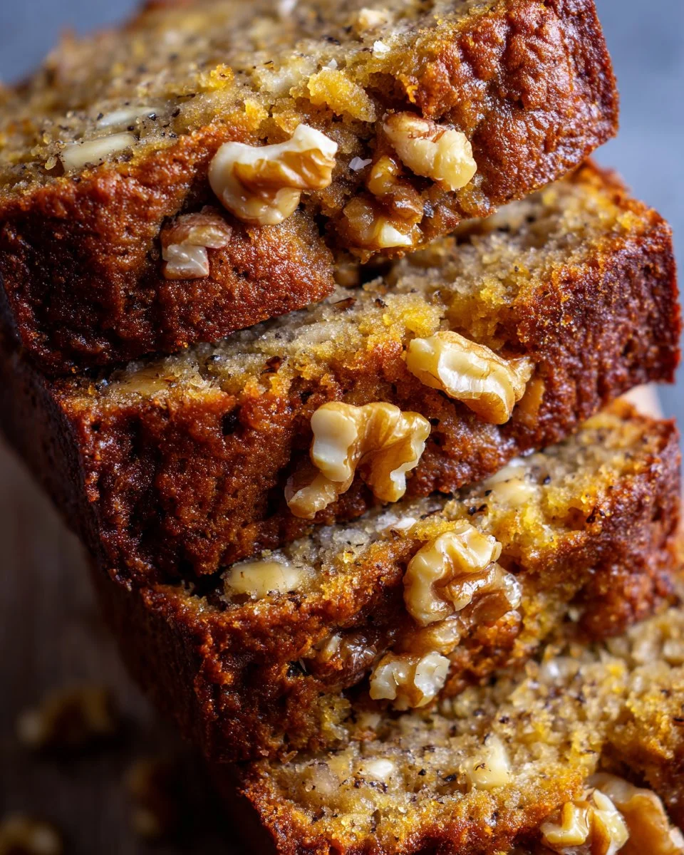 Homemade banana nut bread with walnuts on a wooden cutting board