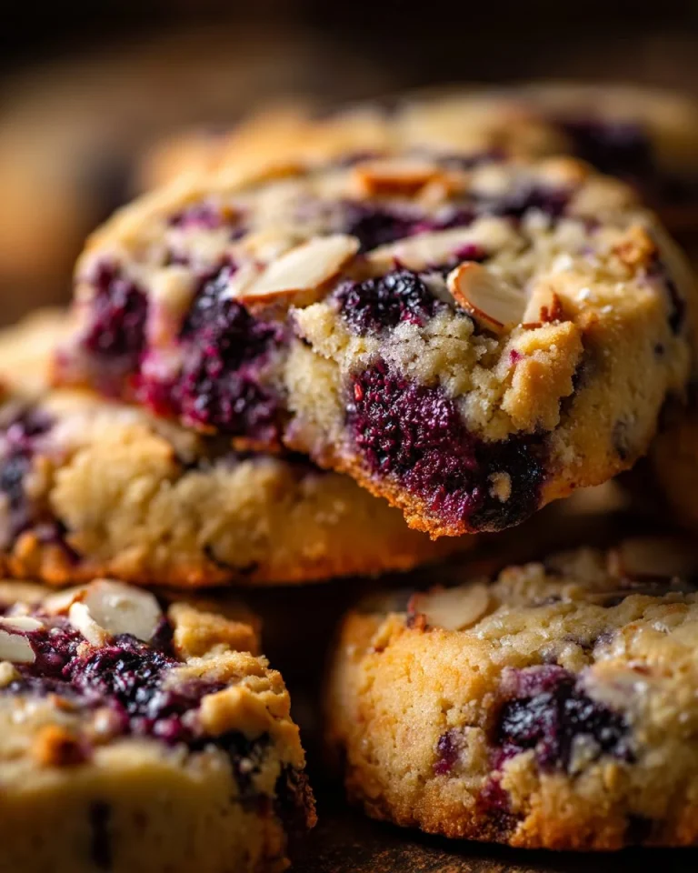 Freshly baked Blackberry Almond Shortbread cookies on a plate