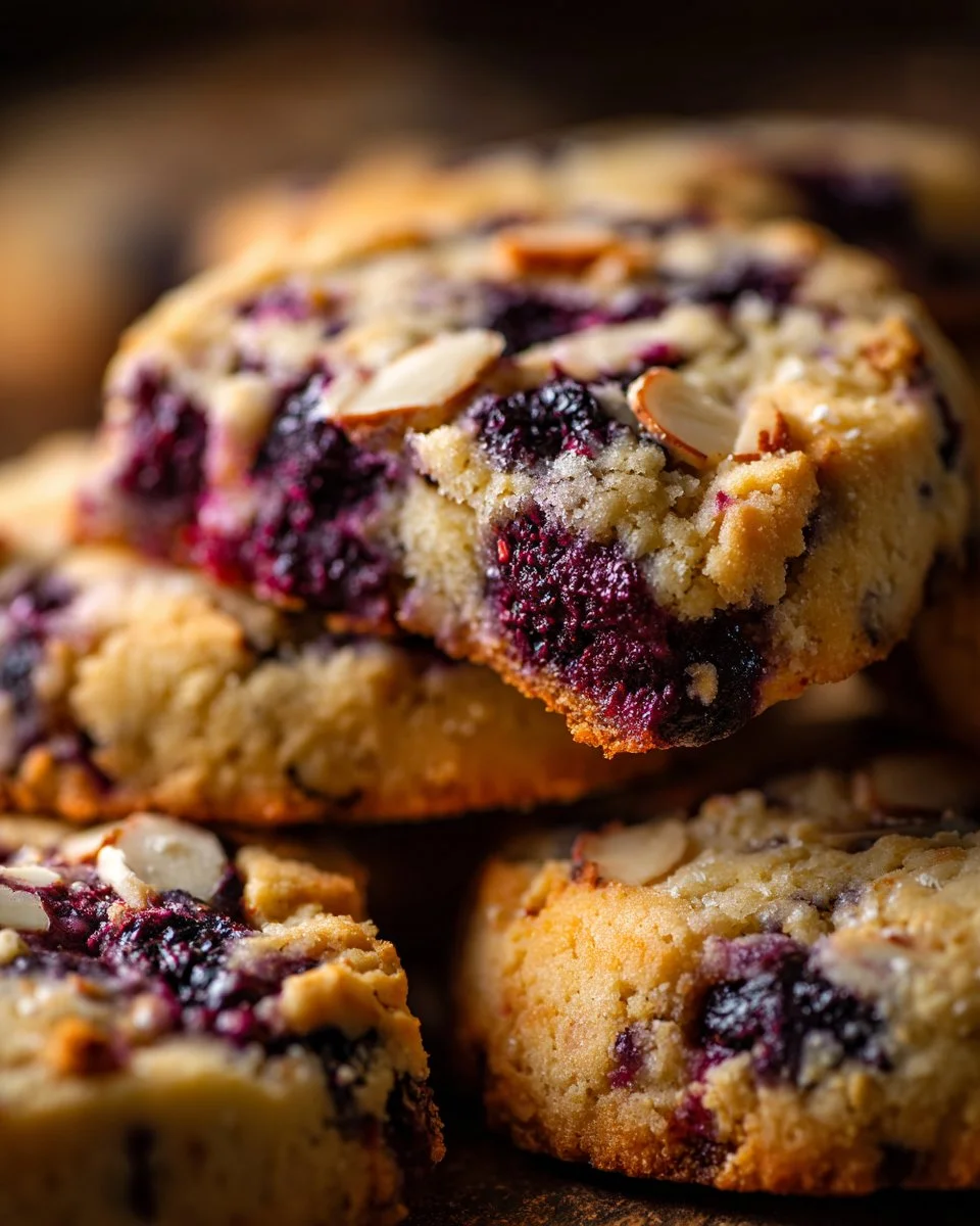 Freshly baked Blackberry Almond Shortbread cookies on a plate