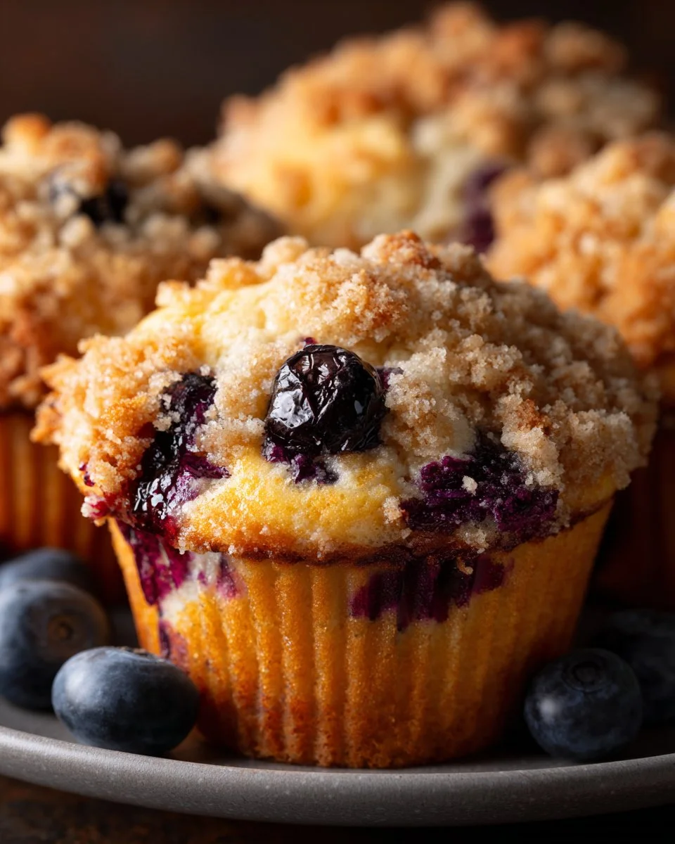 Blueberry crumb muffins fresh out of the oven, topped with a crisp crumble.