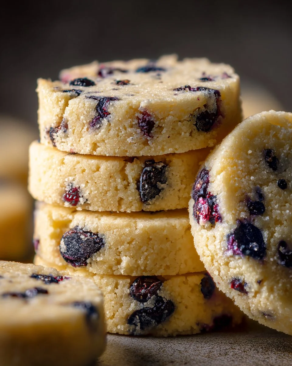 Freshly baked Blueberry Lemon Shortbread Cookies on a plate