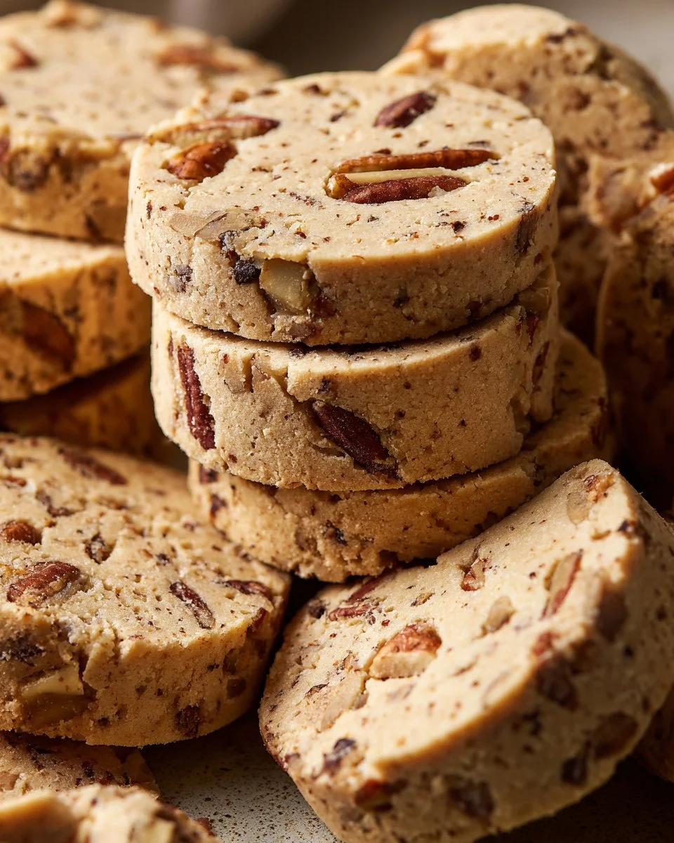 Plate of cinnamon pecan shortbread cookies with a sprinkle of cinnamon on top
