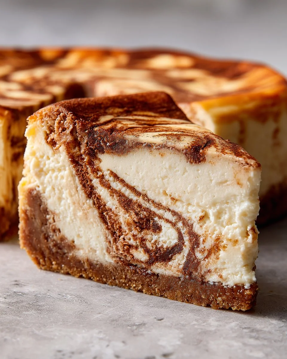 Cinnamon roll cheesecake topped with swirls of icing and cinnamon sugar