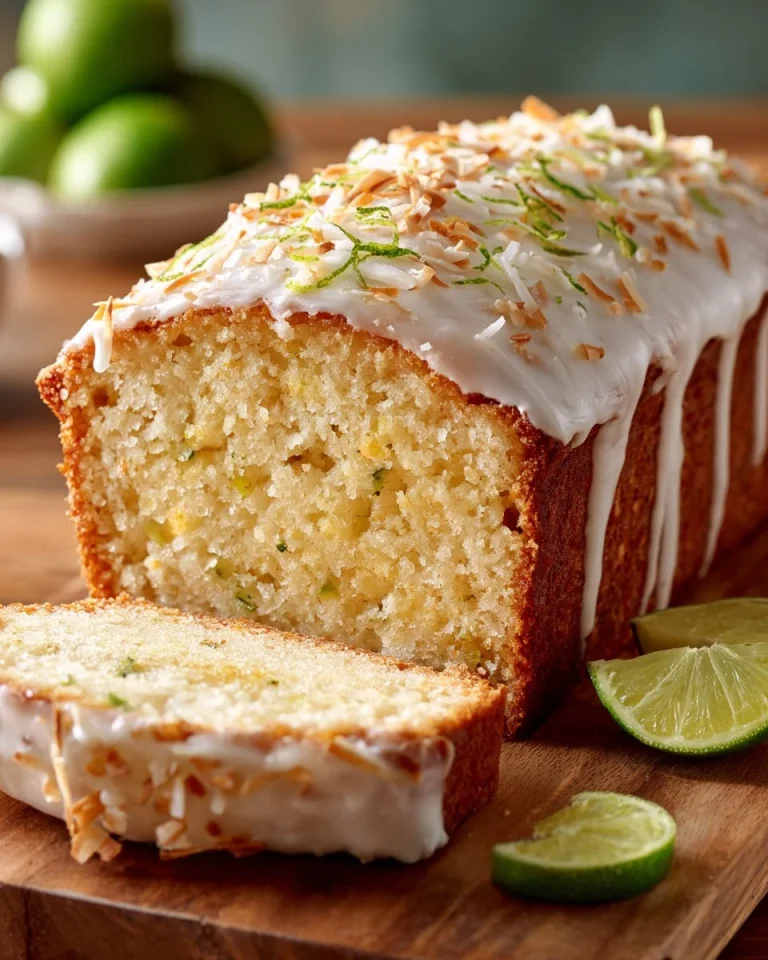 Delicious Coconut Lime Pound Cake topped with lime zest and coconut flakes.