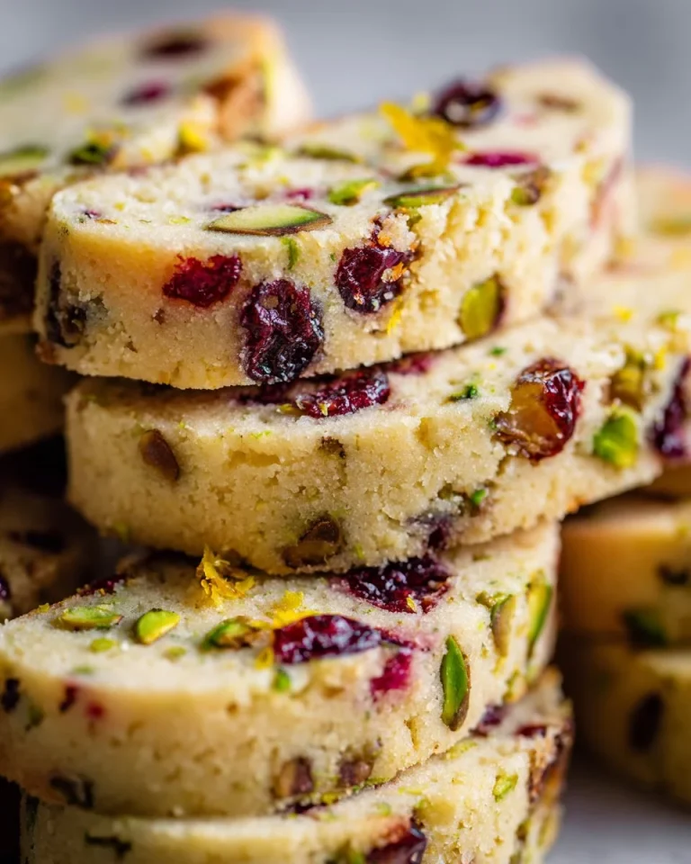 Cranberry Orange Pistachio Shortbread Cookies on a plate