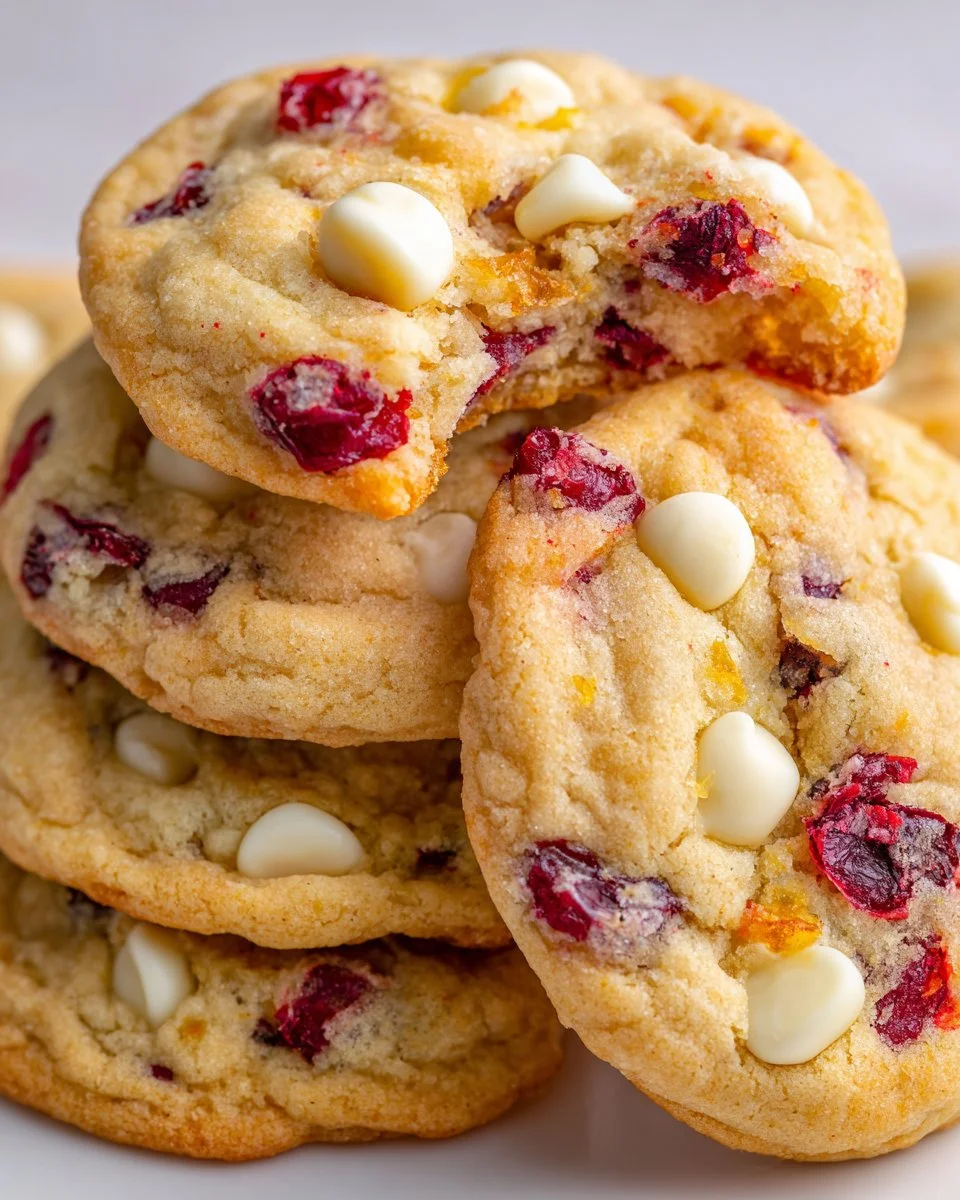 Plate of Cranberry Orange White Chocolate Cookies with a hint of zest