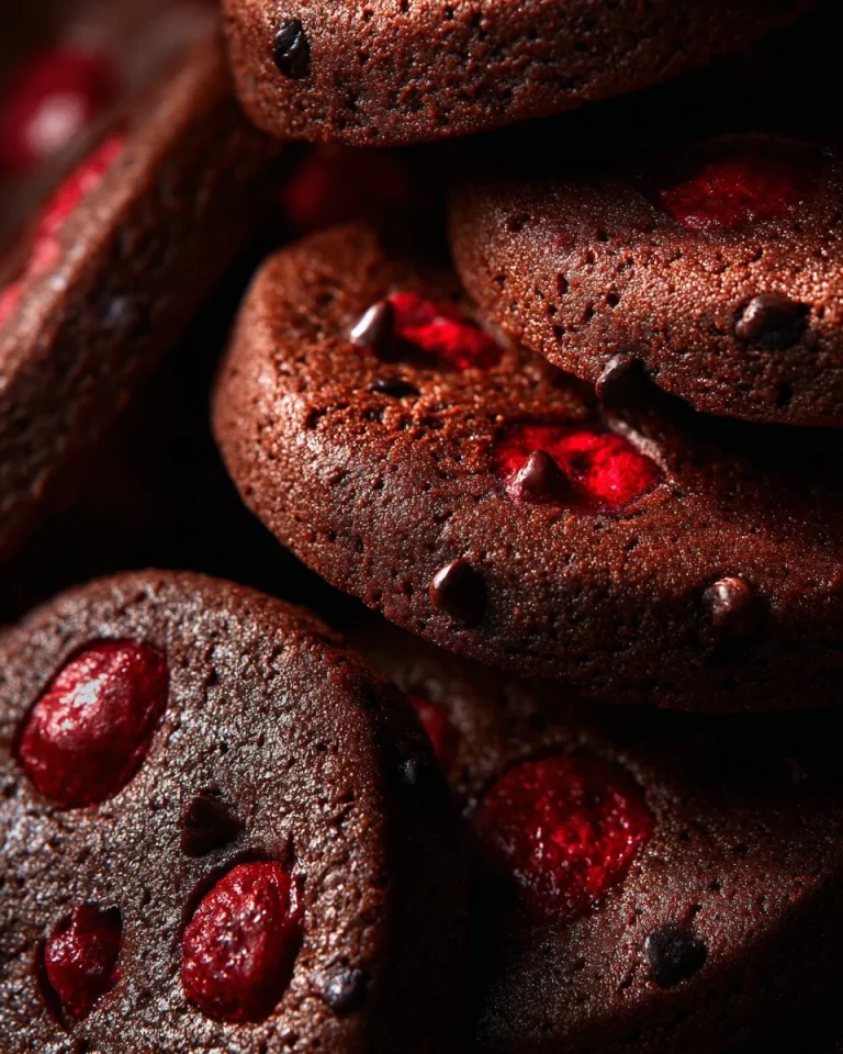 Dark chocolate cherry shortbread cookies on a plate, garnished with cherries.