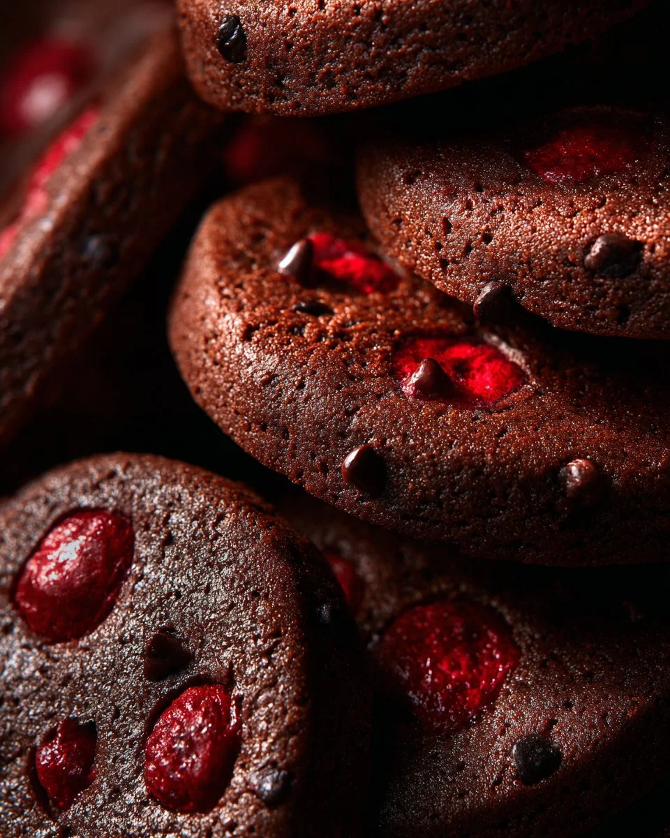 Dark chocolate cherry shortbread cookies on a plate, garnished with cherries.
