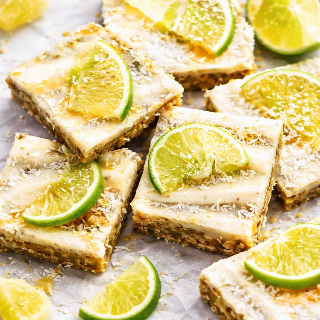 No-Bake Cashew Crunch Dessert Bars topped with caramel and tropical flavors.