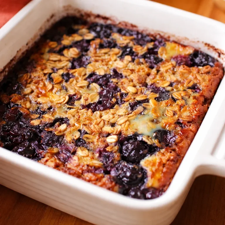 Small-batch baked protein oatmeal with blueberries served in a white dish.