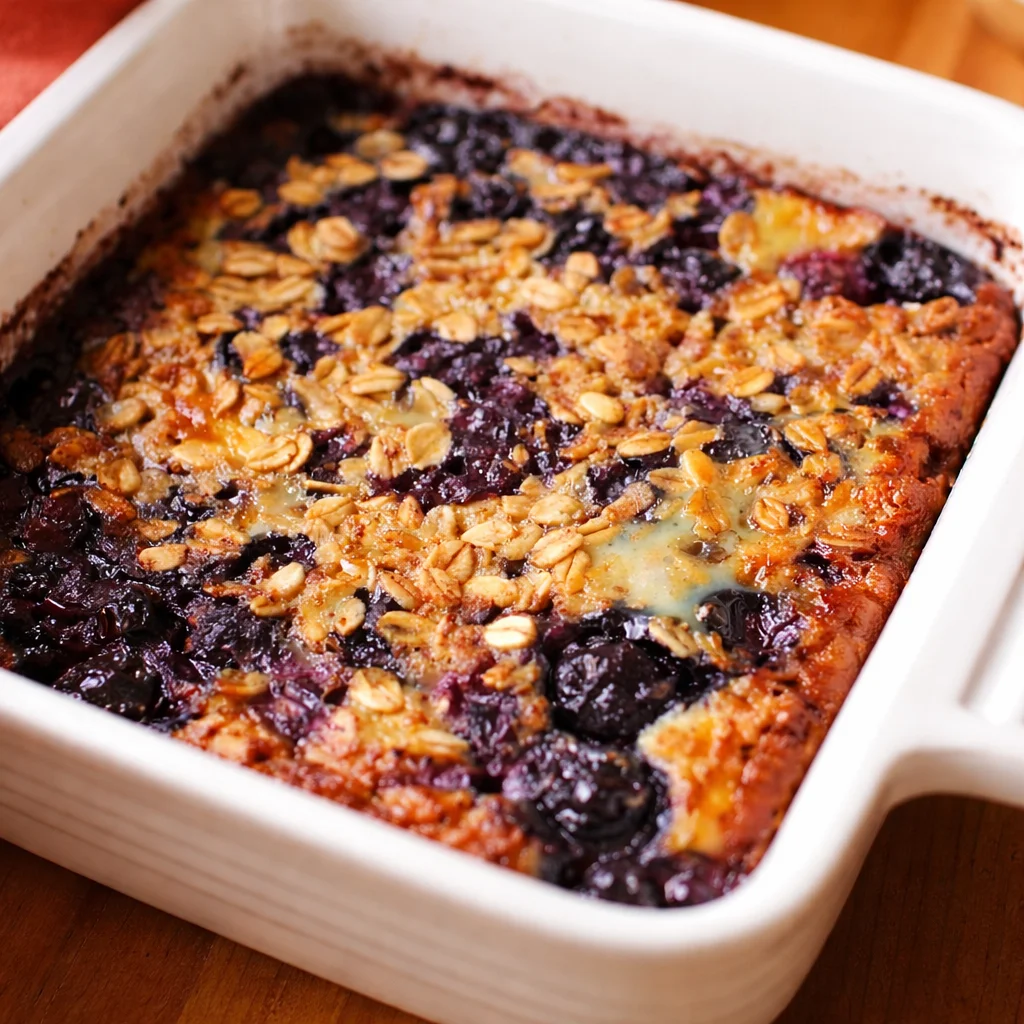 Small-batch baked protein oatmeal with blueberries served in a white dish.