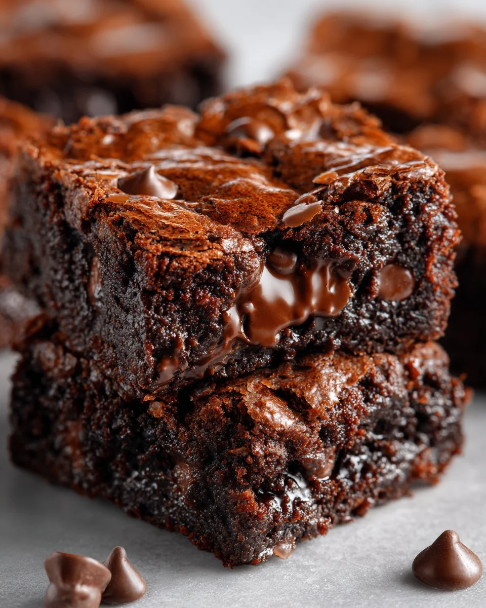 Decadent double chocolate brownies topped with chocolate chips.