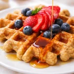 Flourless Protein Waffles served with fresh fruits and syrup, almond-free option