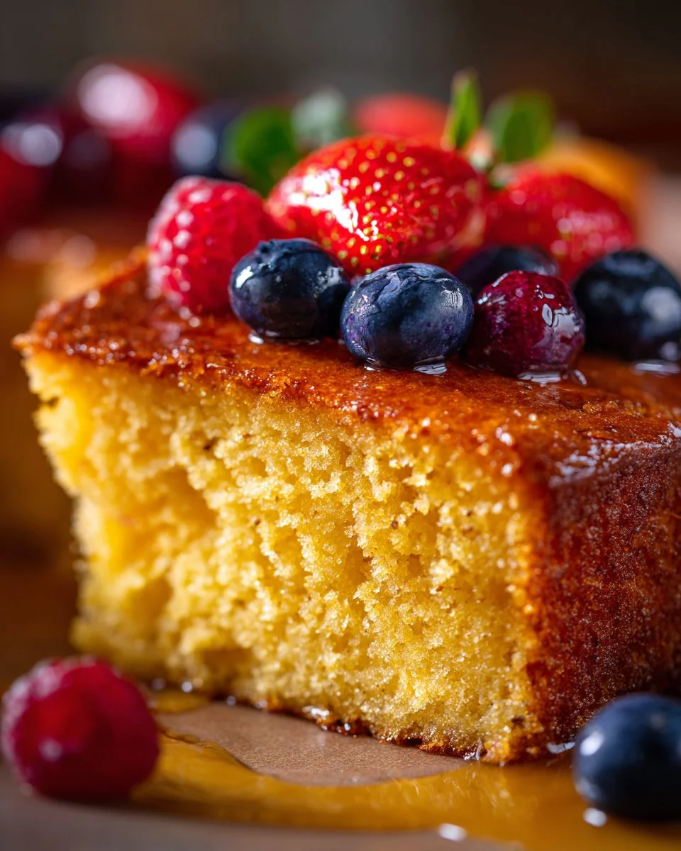 Delicious Honey Butter Cornbread Cake topped with fresh berries