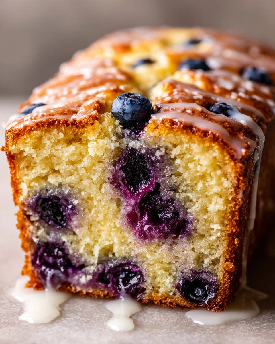 Lemon blueberry loaf cake topped with fresh blueberries and lemon zest