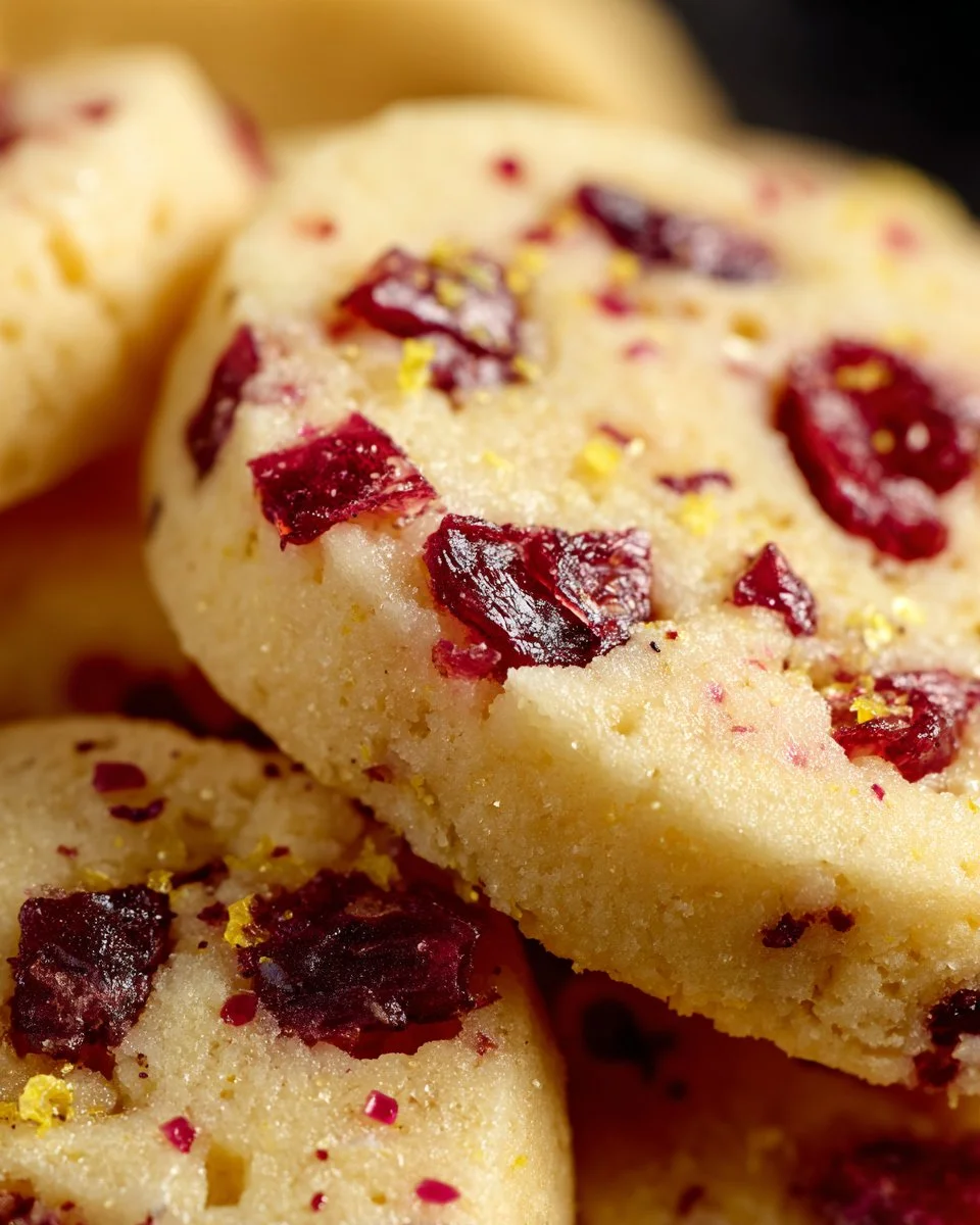 Lemon cranberry shortbread cookies on a plate, ready to be enjoyed.