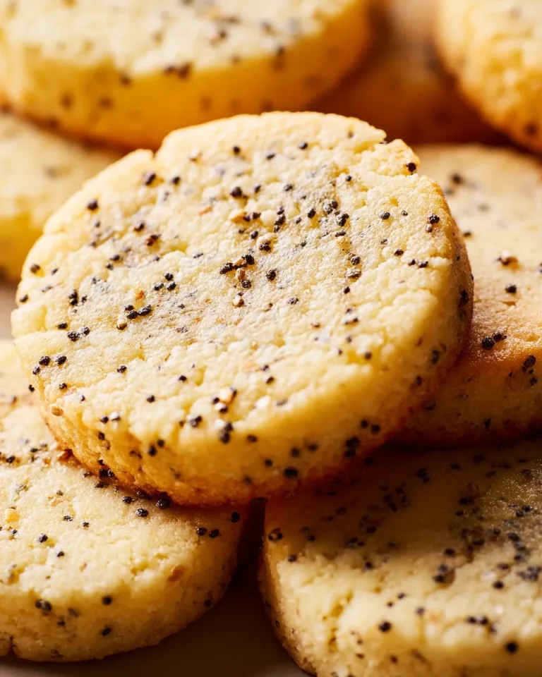 Lemon poppy seed shortbread cookies arranged on a plate