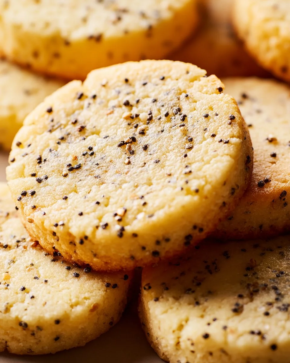 Lemon poppy seed shortbread cookies arranged on a plate