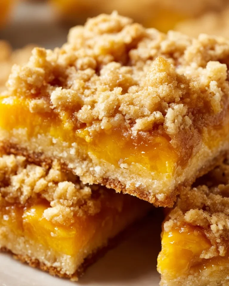 Peach Cobbler Crumb Bars with fresh peaches and a buttery crumb topping